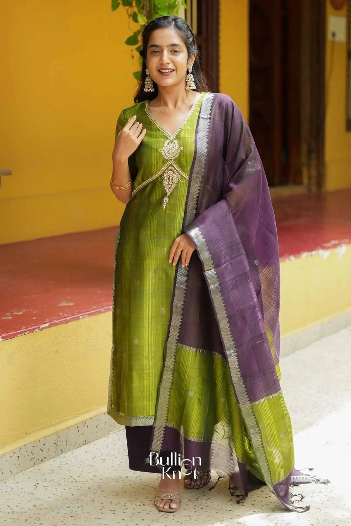 Khyati | Mangalagiri Cotton Silk Parrot Green Suit Set for Festive Celebrations