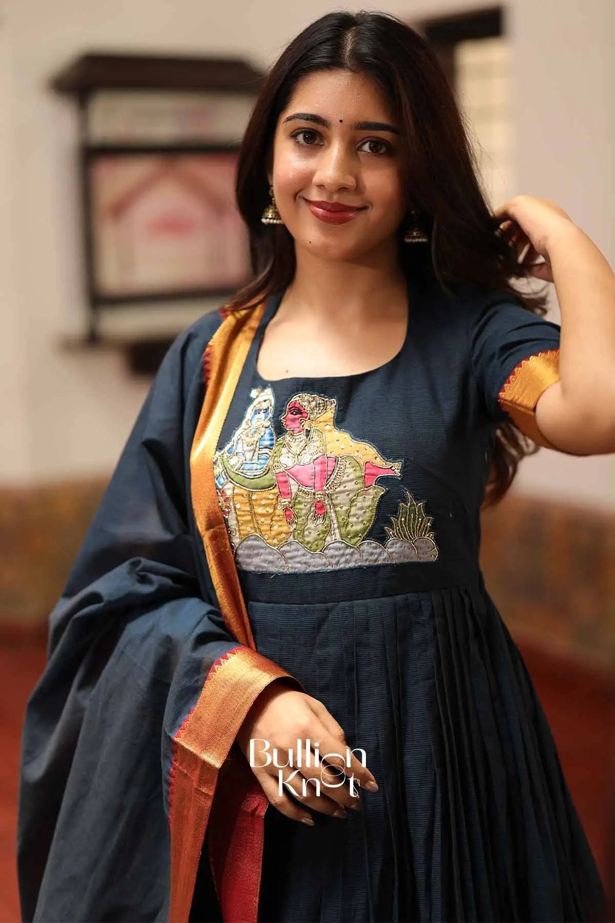 Krishanvi Navy Blue Handloom Anarkali Dress