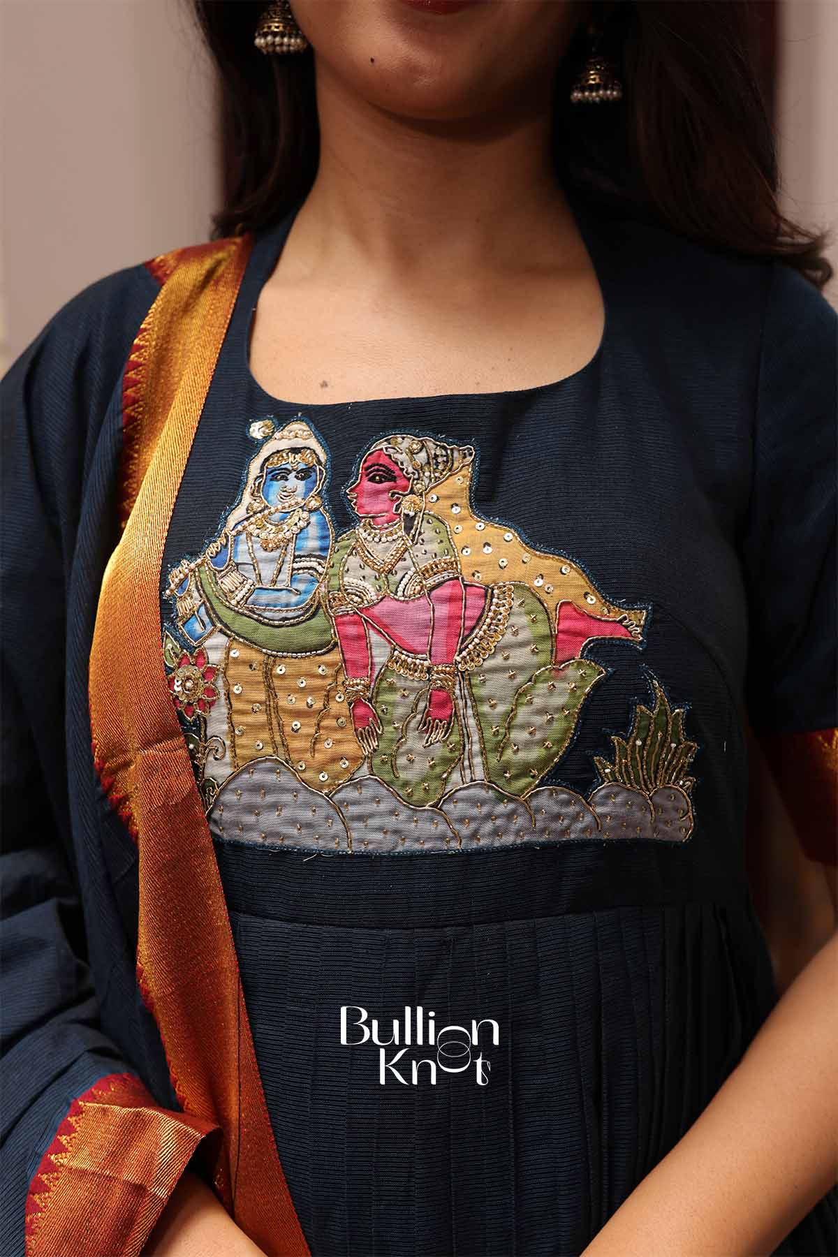 Krishanvi Navy Blue Handloom Anarkali Dress