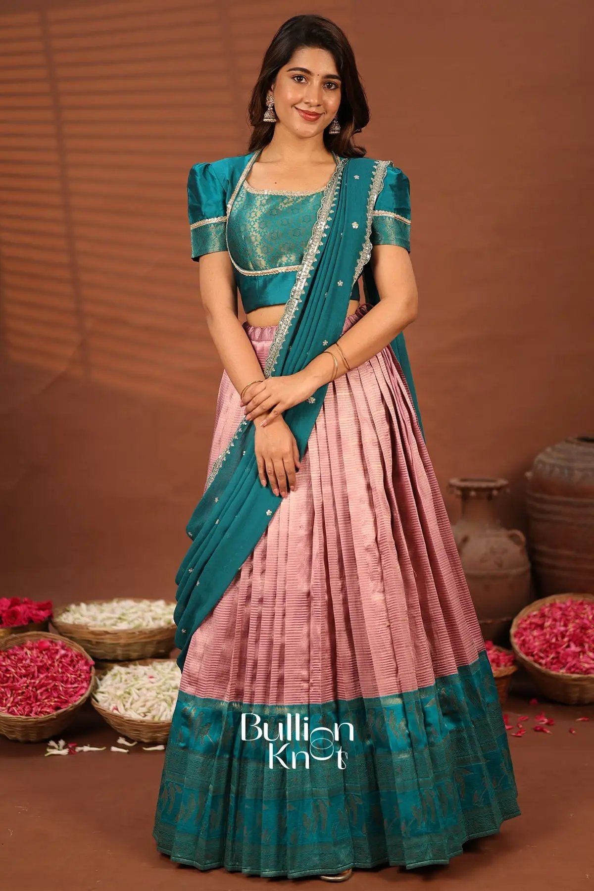 Mayurika Teal Blue and Baby Pink Silk Lehenga Set