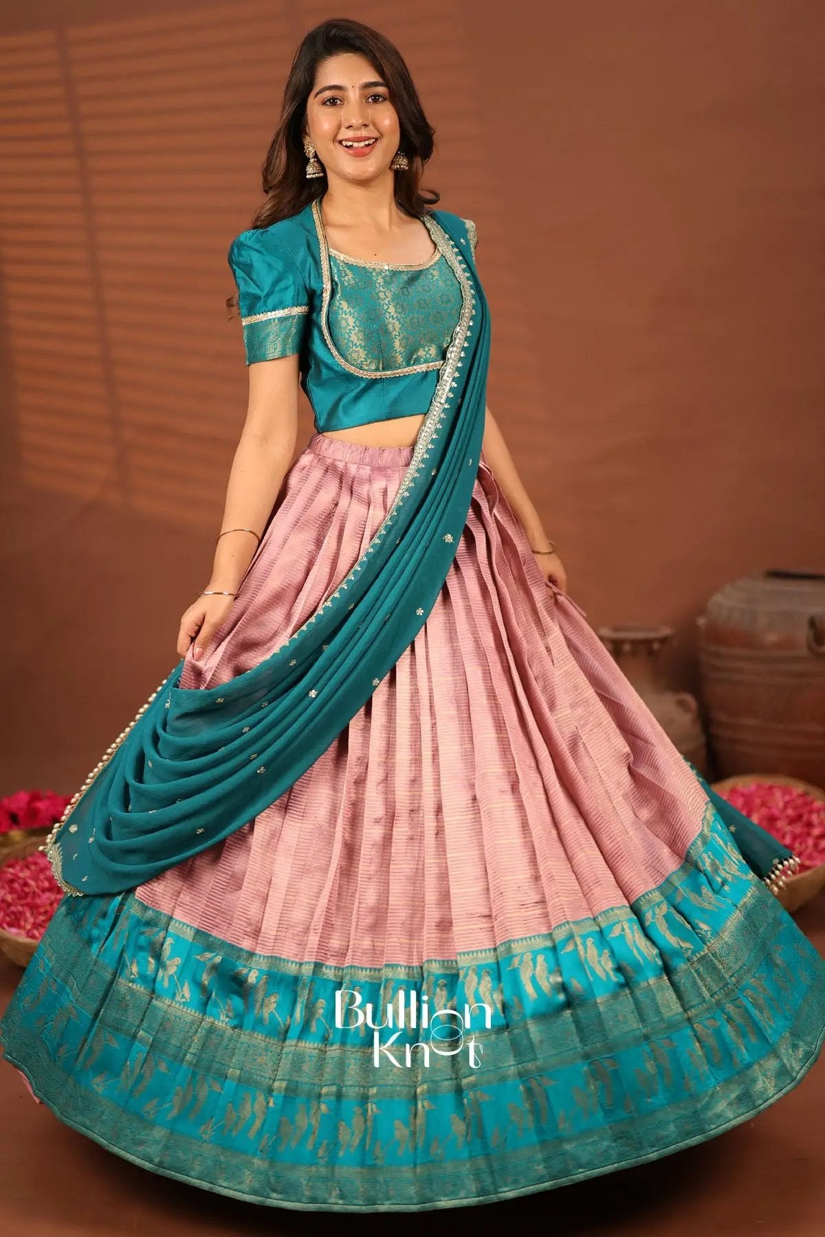 Mayurika Teal Blue and Baby Pink Silk Lehenga Set