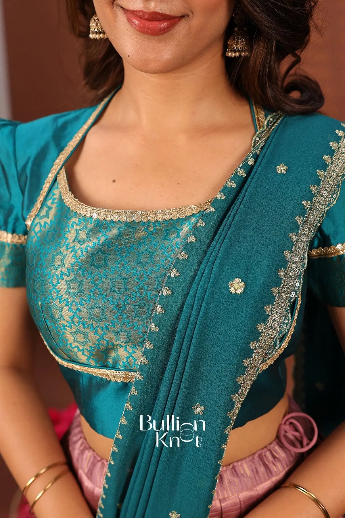 Mayurika Teal Blue and Baby Pink Silk Lehenga Set