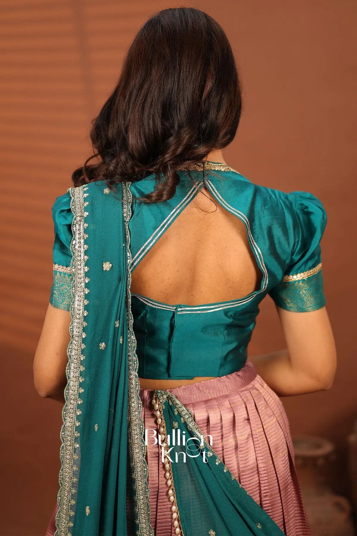 Mayurika Teal Blue and Baby Pink Silk Lehenga Set