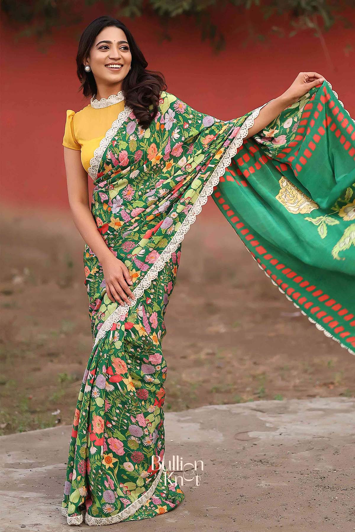 Elegant Manjari saree featuring bold retro-inspired patterns