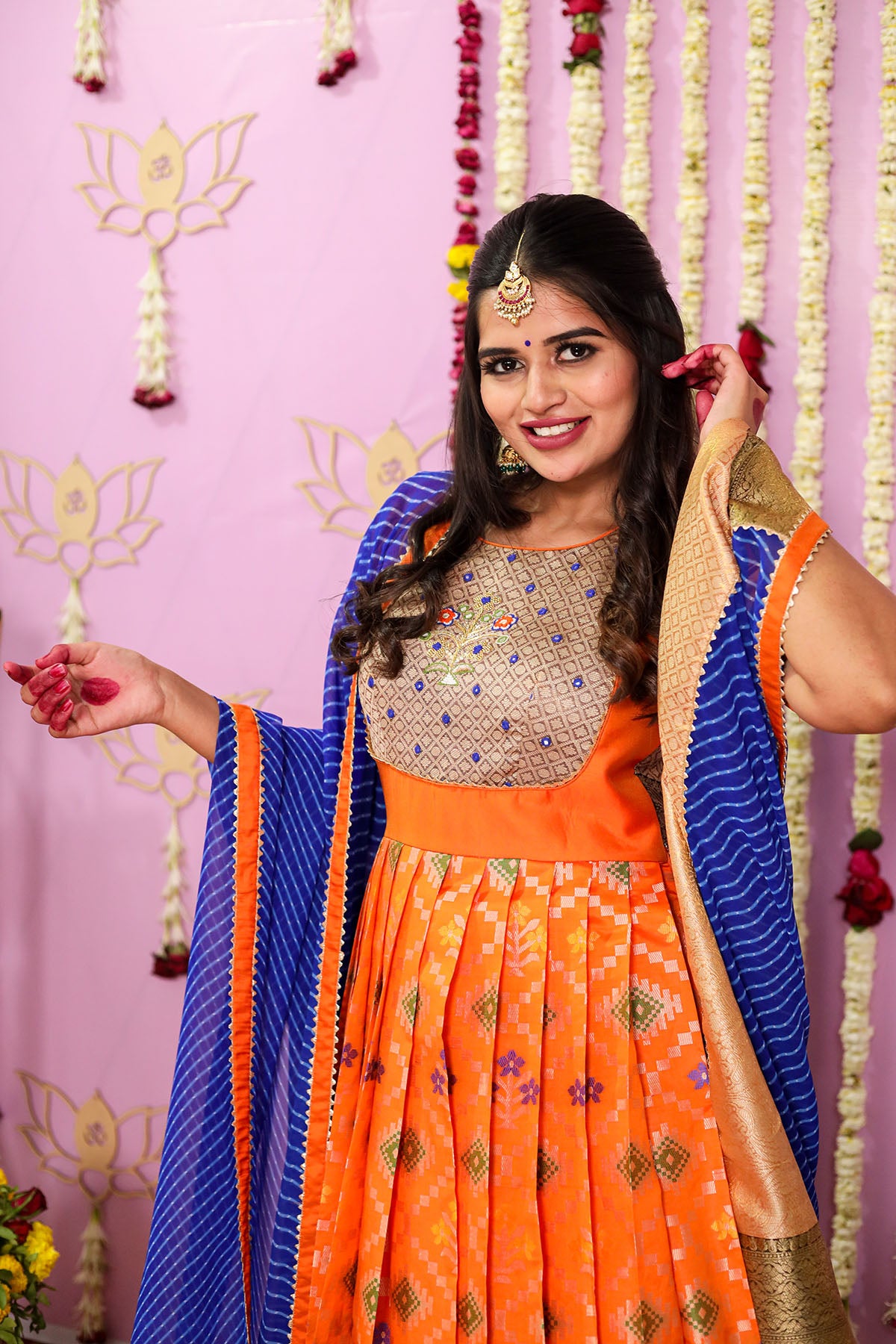 Orange, Royal Blue Nandvari Banarasi Dress - Bullionknot