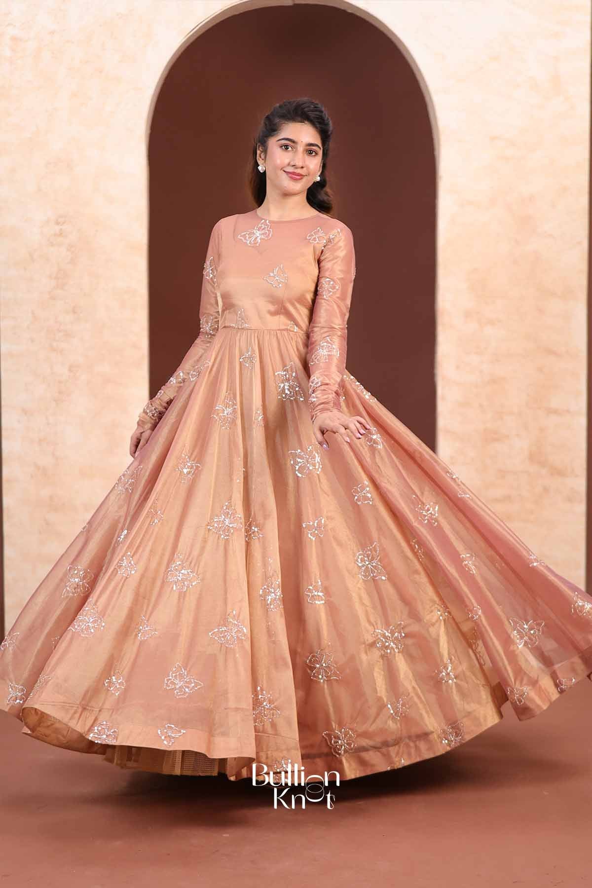 Papilon | Tissue Silk Butterfly Embroidered Rose Gold Indo-Western Anarkali Gown for Receptions