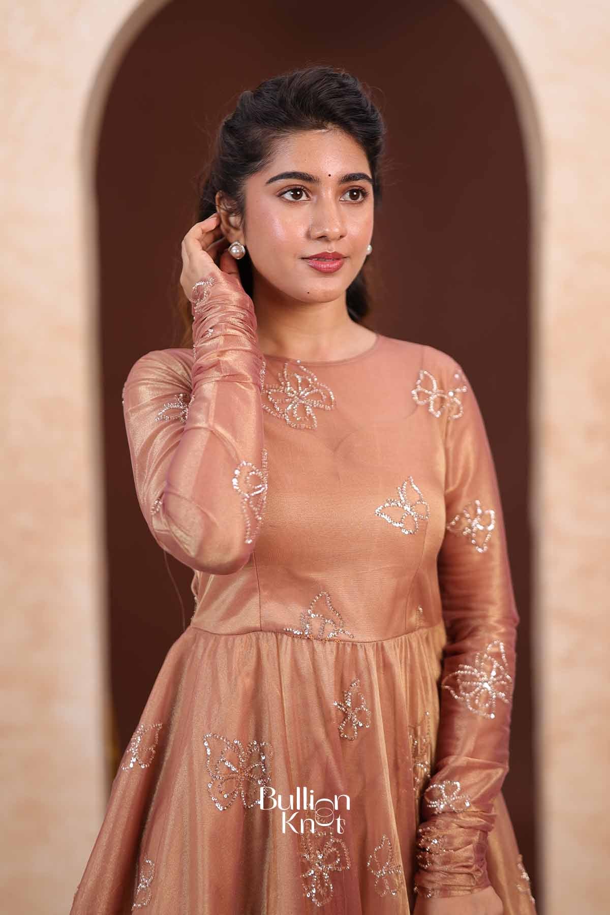 Papilon | Tissue Silk Butterfly Embroidered Rose Gold Indo-Western Anarkali Gown for Receptions