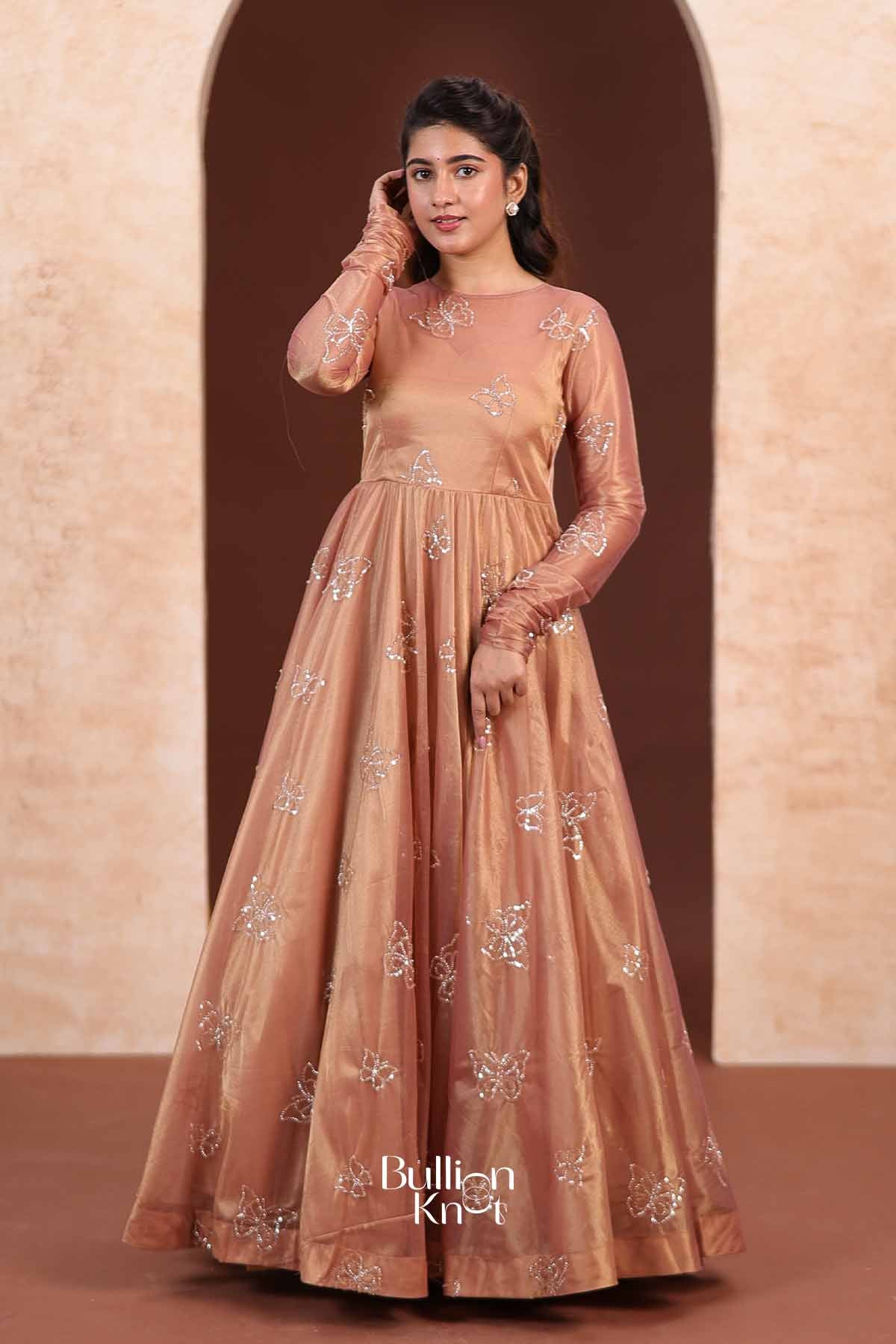 Papilon | Tissue Silk Butterfly Embroidered Rose Gold Indo-Western Anarkali Gown for Receptions