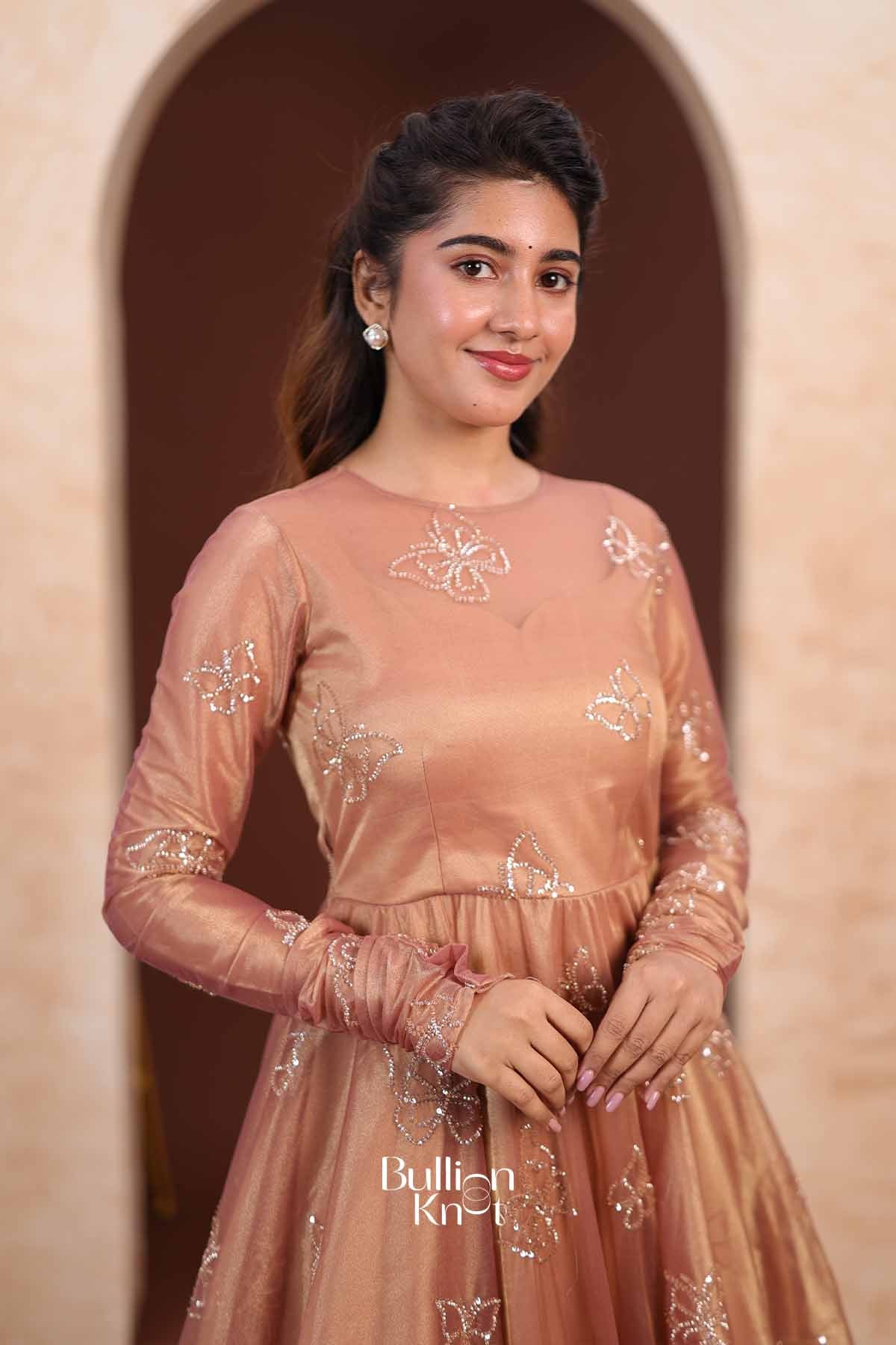 Papilon | Tissue Silk Butterfly Embroidered Rose Gold Indo-Western Anarkali Gown for Receptions