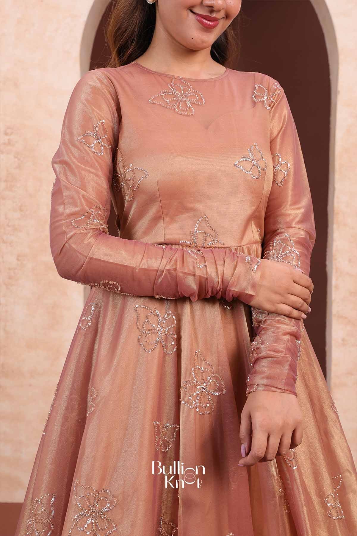 Papilon | Tissue Silk Butterfly Embroidered Rose Gold Indo-Western Anarkali Gown for Receptions
