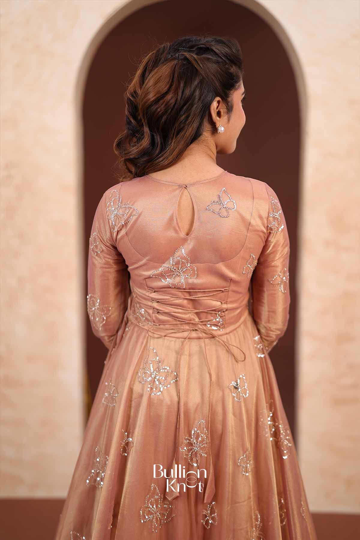 Papilon | Tissue Silk Butterfly Embroidered Rose Gold Indo-Western Anarkali Gown for Receptions