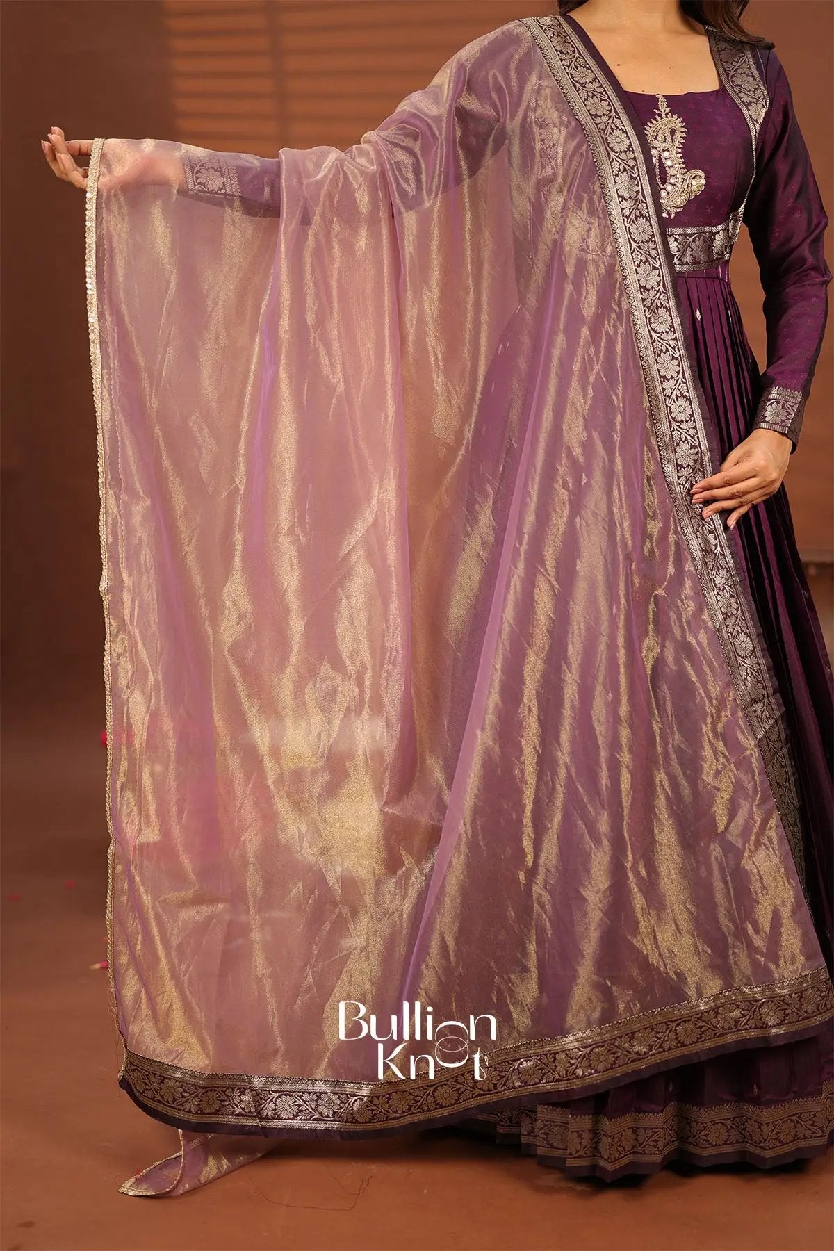 Pranali Wine Banarasi Silk Gown Dress