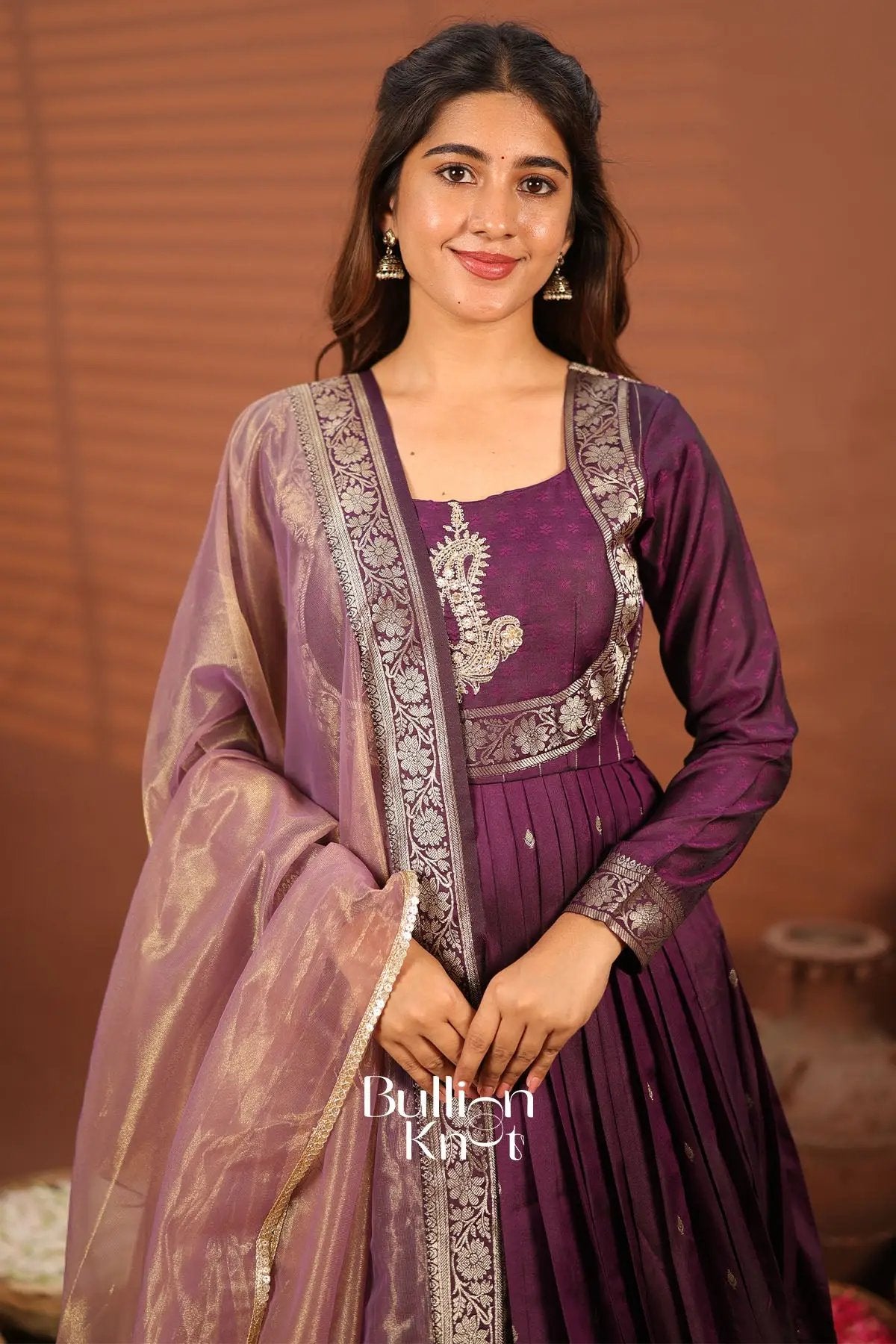 Pranali Wine Banarasi Silk Gown Dress