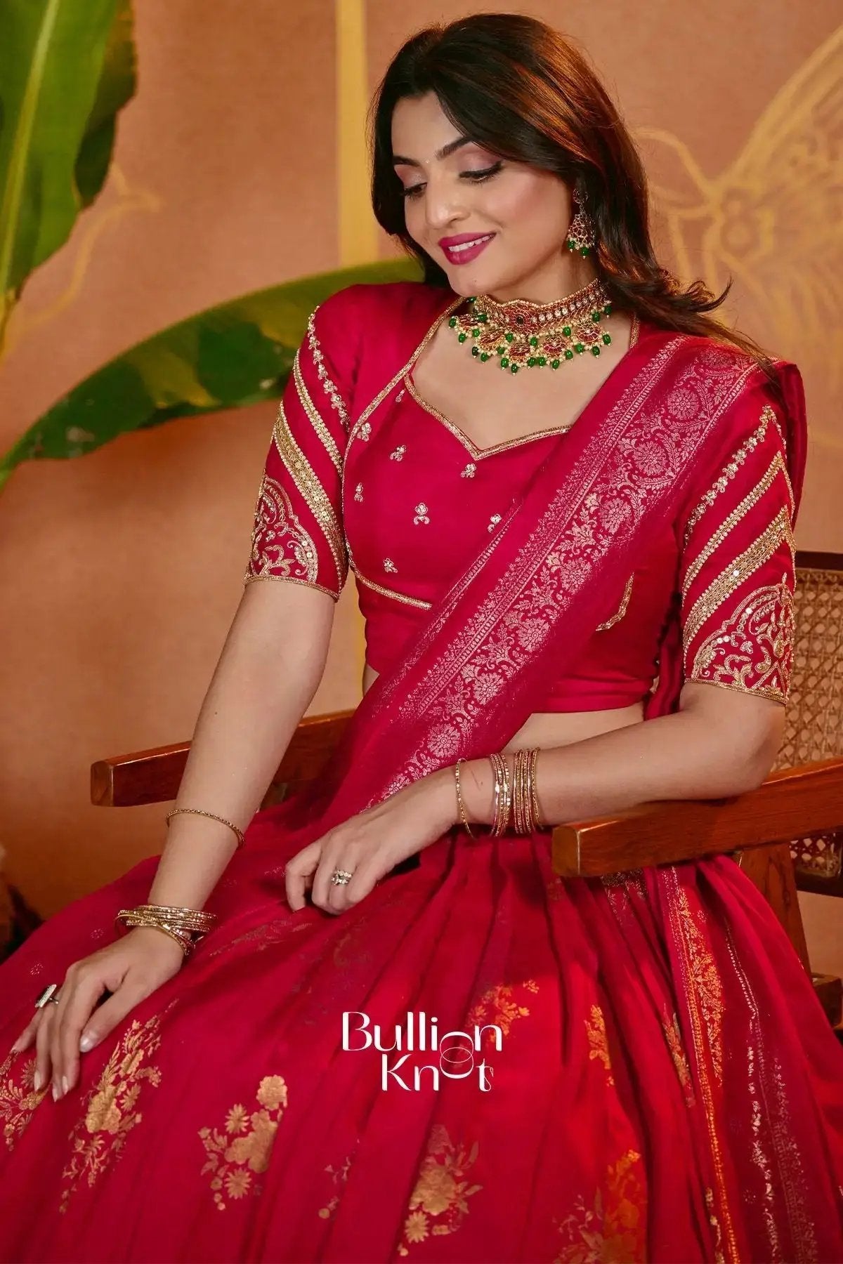Elegant red saree with gold embroidery and matching jewelry