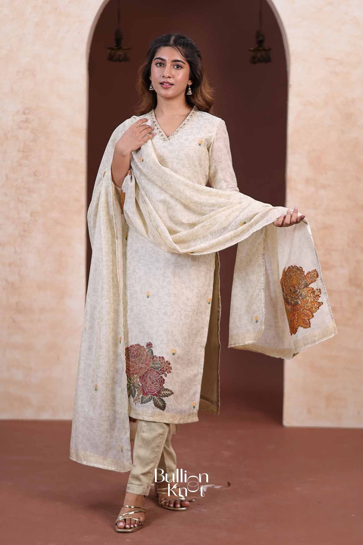 Rajni | Satin V-Neck Ivory Golden Straight Suit Set for Casual wear