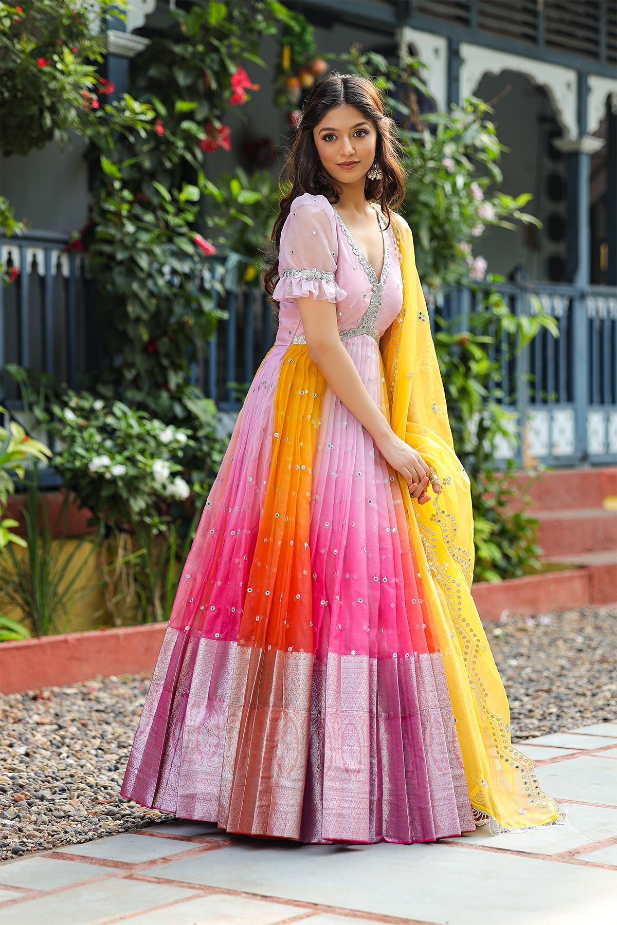 pink and orange Rangeen Anarkali Dress -Bullionknot
