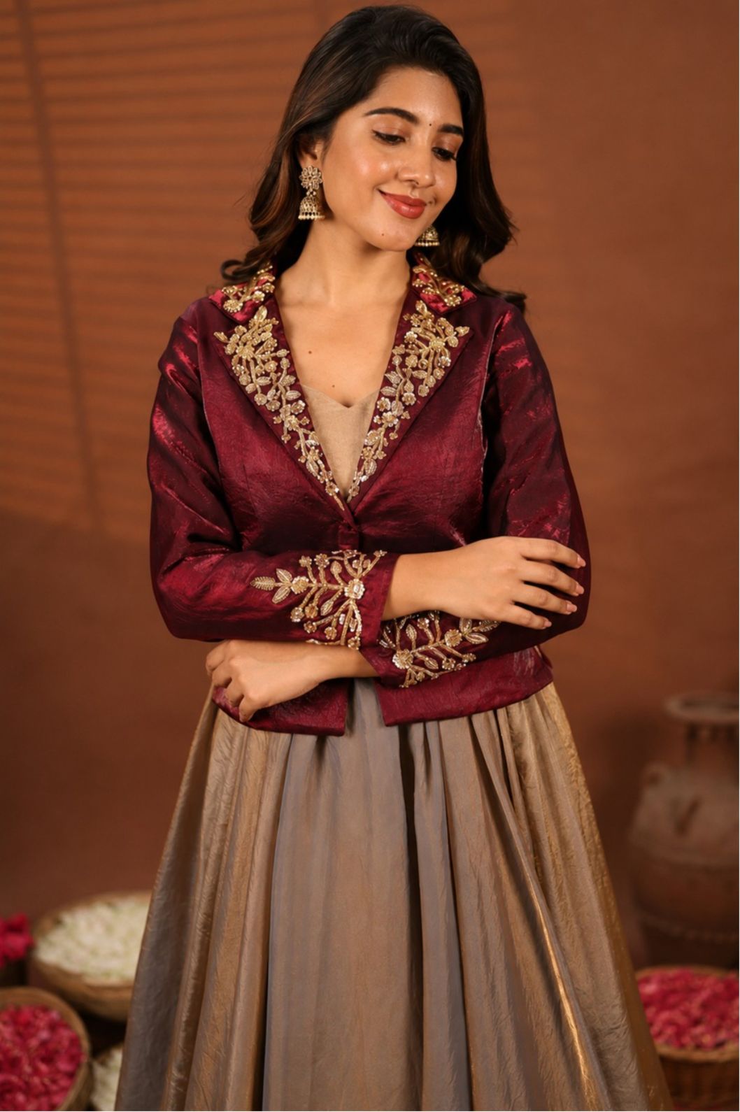Regal Wine | Indo Western Merrun Jacket with Glossy Silk Blazer