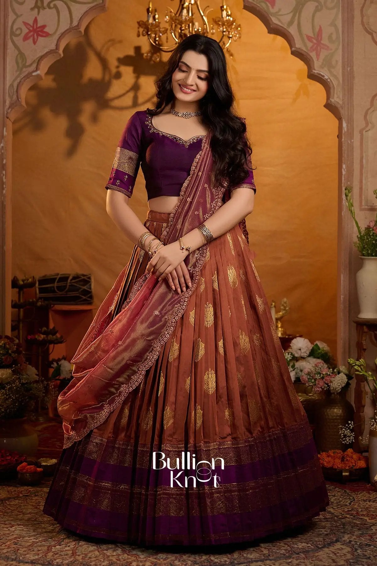 Ruprekha Gadval Silk Lehenga Set In Rust