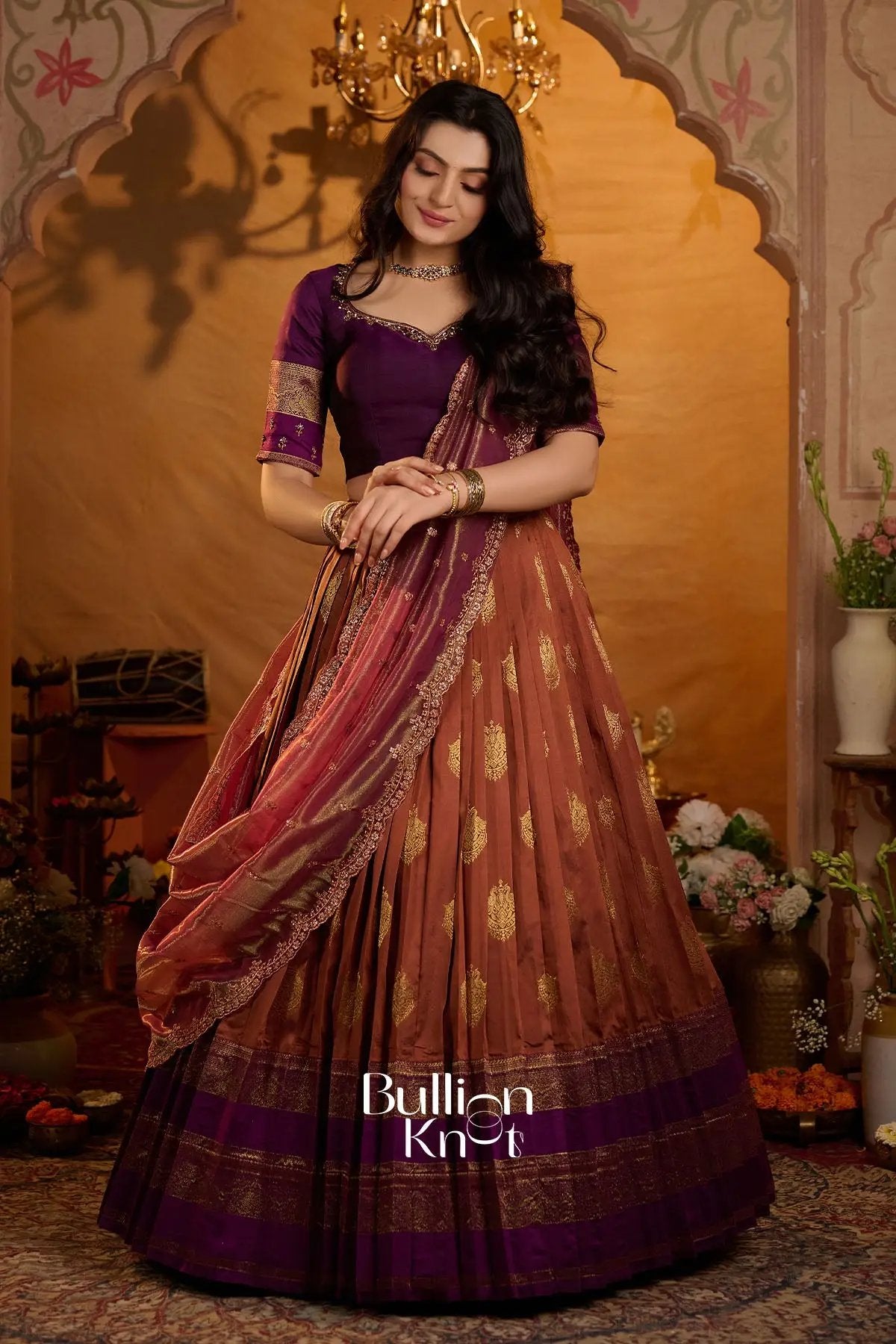 Ruprekha Gadval Silk Lehenga Set In Rust