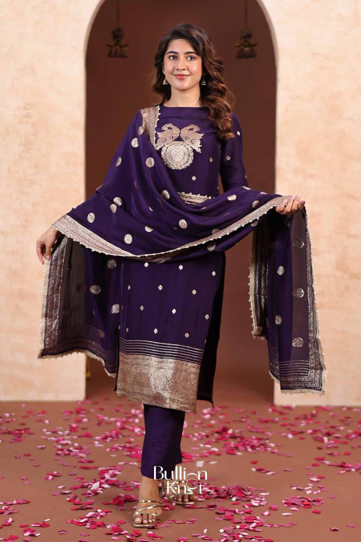 Tanvi | Handcrafted Silk Yoke Embroidered Royal Violet Kurta Pant Set for Traditional Gatherings