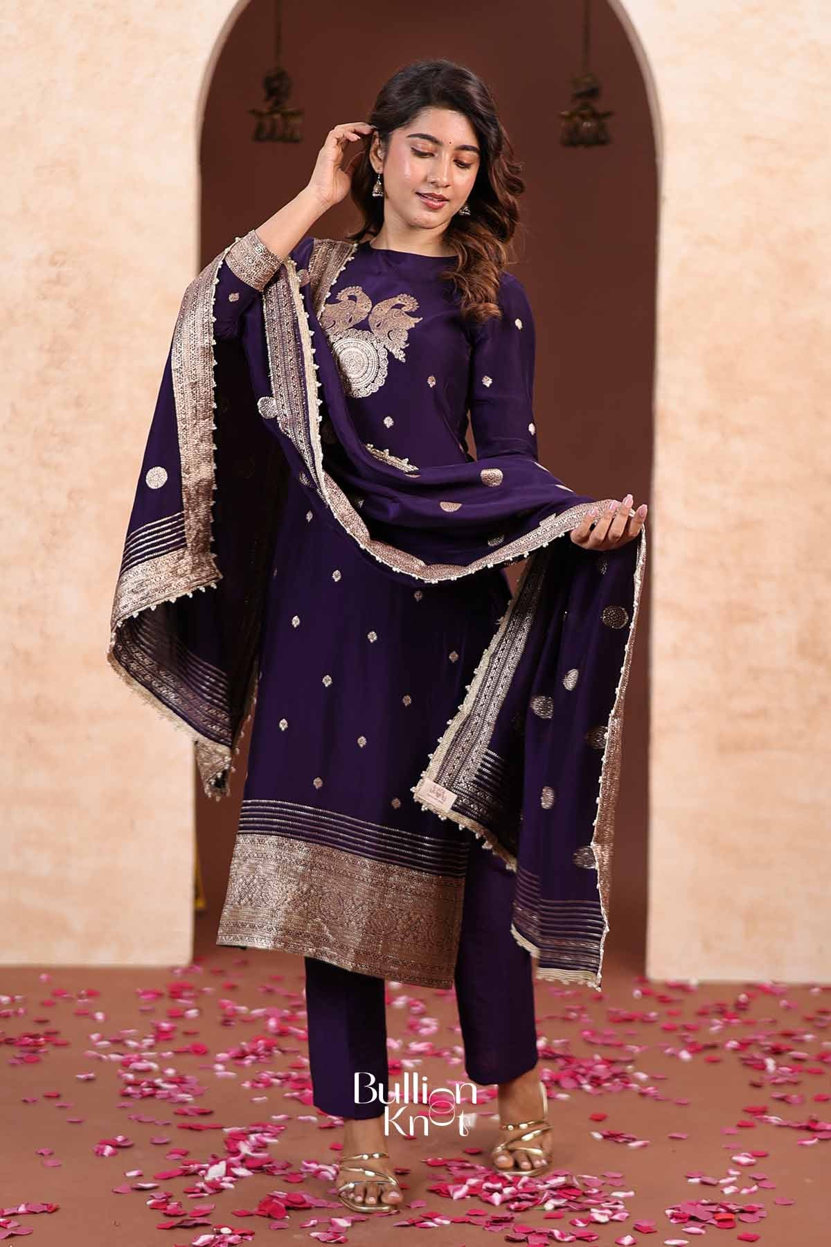 Tanvi | Handcrafted Silk Yoke Embroidered Royal Violet Kurta Pant Set for Traditional Gatherings