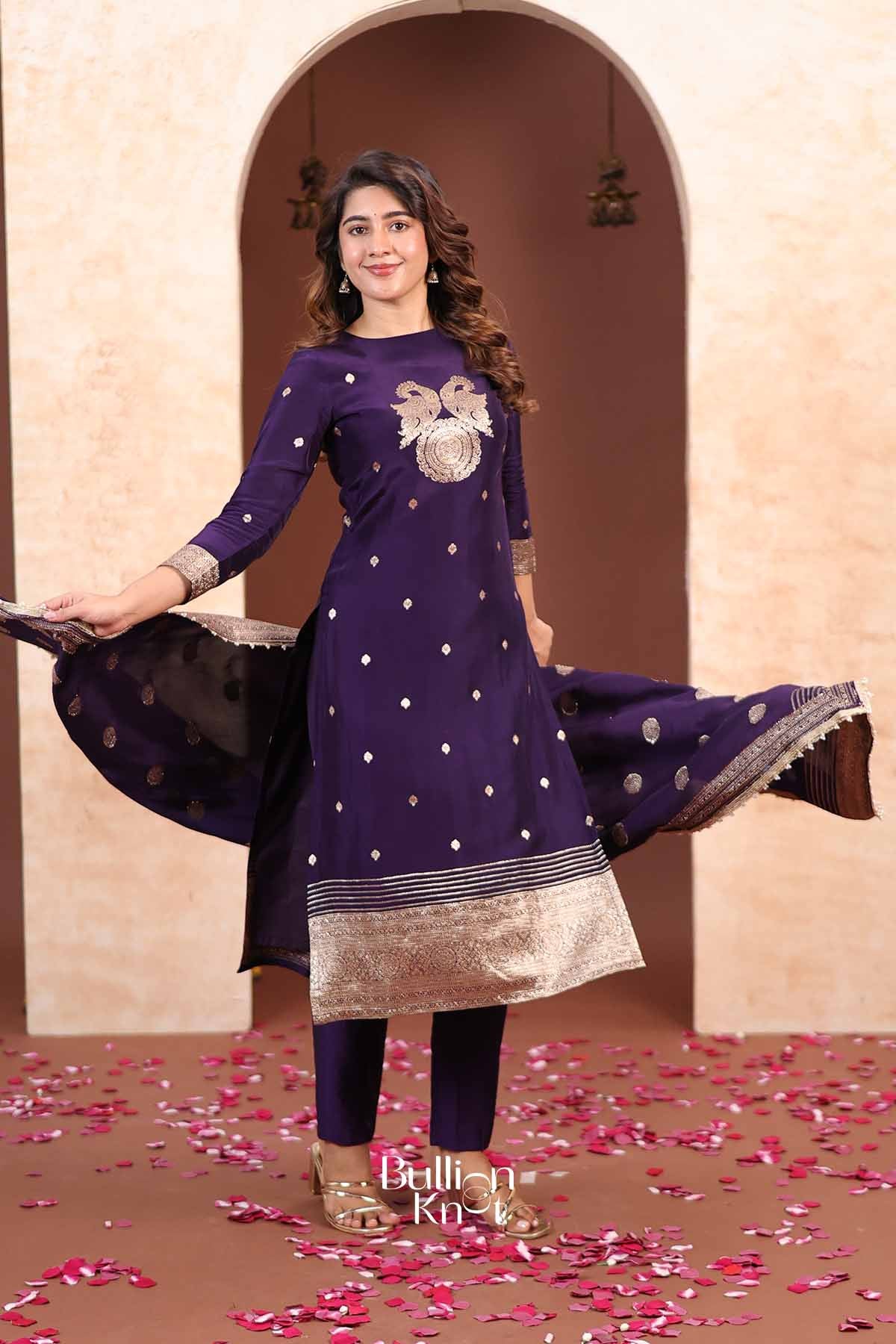 Tanvi | Handcrafted Silk Yoke Embroidered Royal Violet Kurta Pant Set for Traditional Gatherings