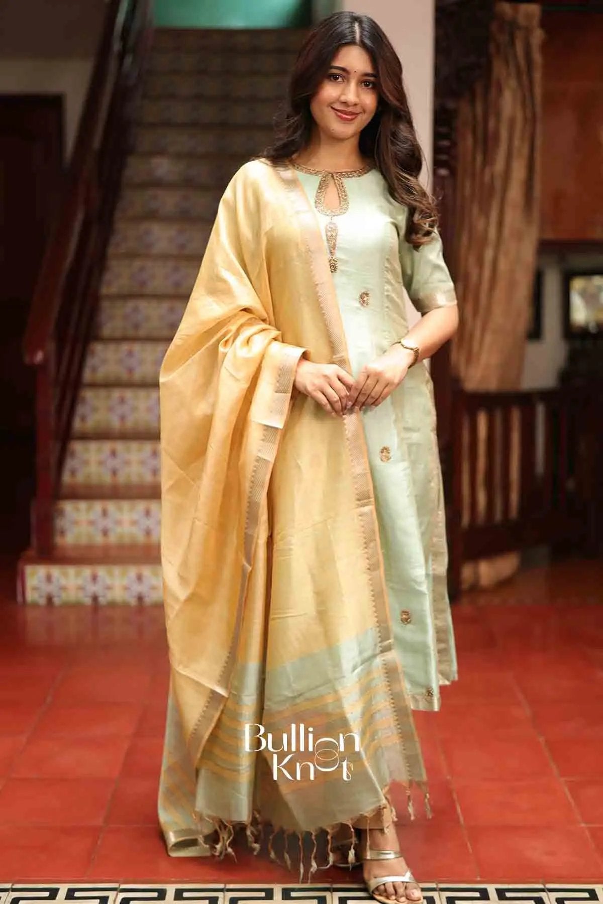 Vaibhavi | Elegant Pista Green Mangalagiri Suit Set with Dupatta