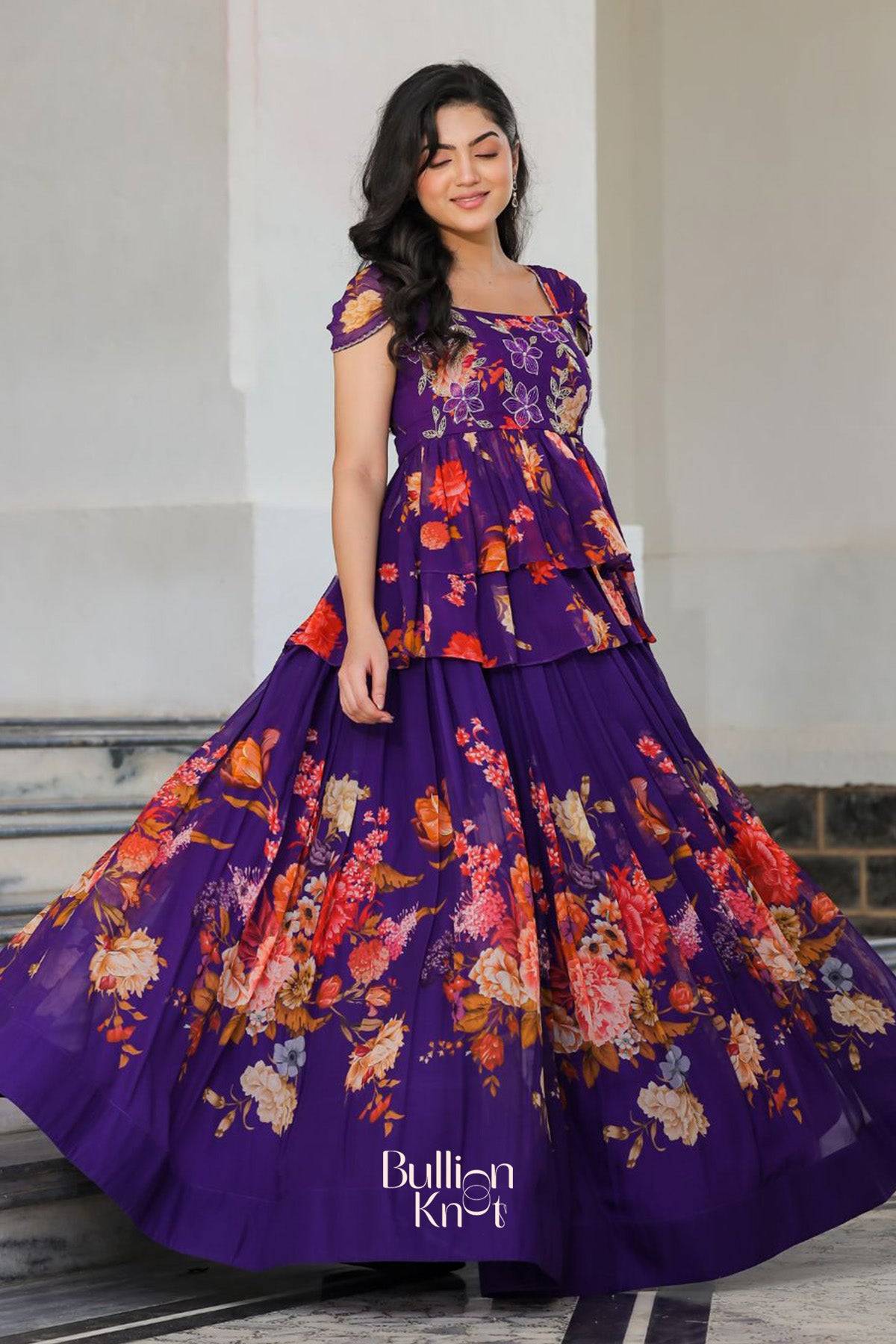 Indo-Western gown with dramatic floral skirt and chic top