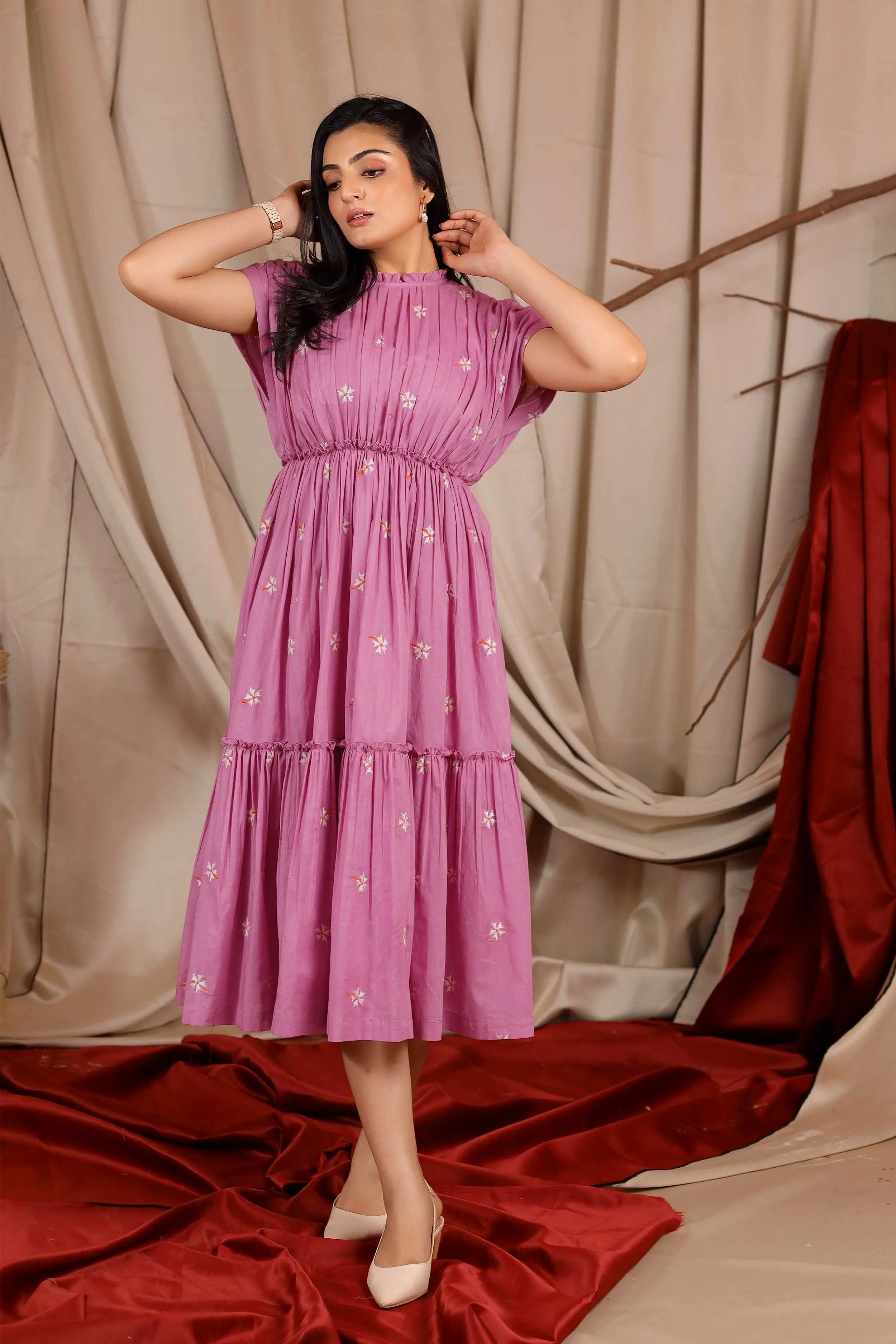 pink Zoya Summer Midi Dress In Lilac - Bullionkot