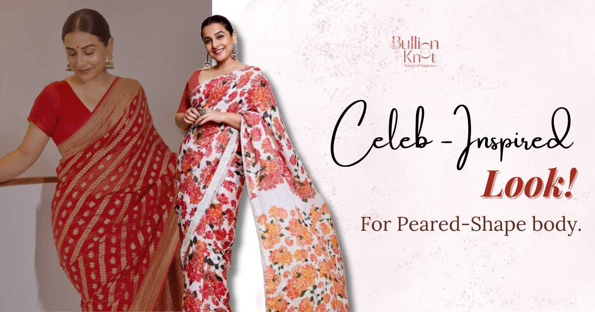 Colorful floral and traditional red sarees styled for celebs, showcasing flattering outfits for peared-shaped bodies, fashion inspiration.