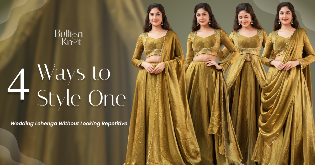 Elegant bridal lehenga styling tips for wedding attire, showcasing four unique ways to wear a wedding lehenga without repetition, perfect for wedding fashion inspiration.