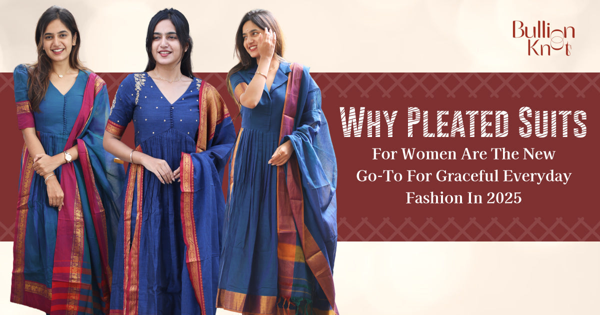 Colorful women's pleated suits in vibrant blue and multicolor fabrics, showcasing graceful everyday fashion trends for 2025.