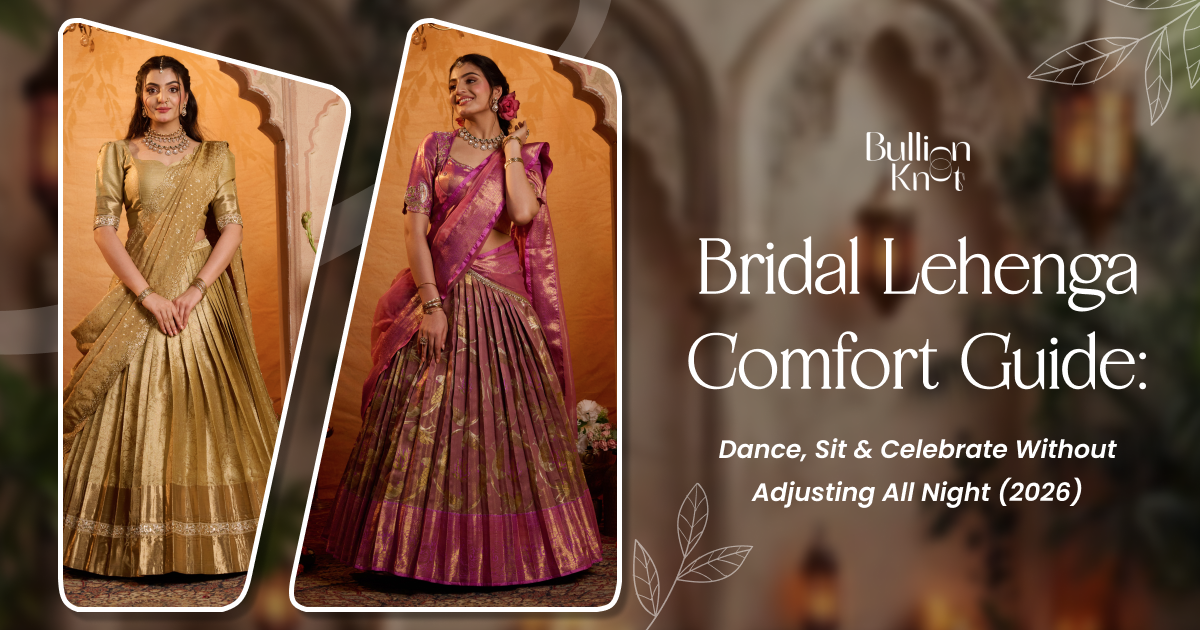 An illustration of two bridal lehengas in vibrant gold and pink hues, showcasing comfortable designs for dancing, sitting, and celebrating all night long in 2026.