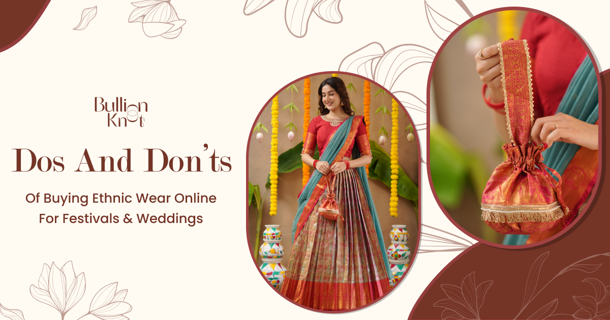 A traditional woman in vibrant ethnic wear holding a small drawstring pouch, showcasing dos and don'ts of buying ethnic wear online for festivals and weddings.