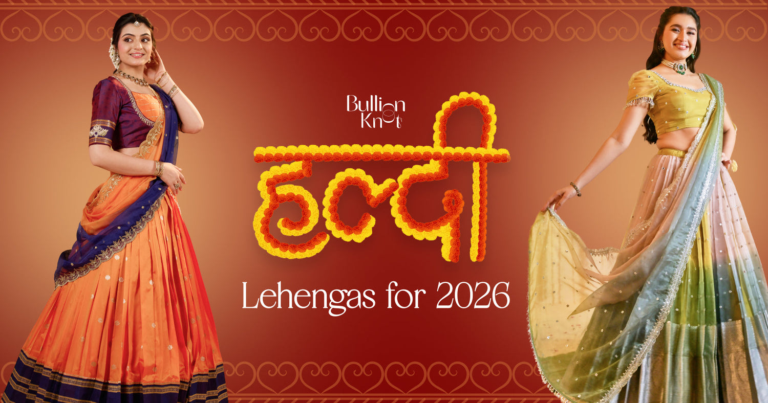 Colorful traditional Indian lehenga with vibrant yellow and pastel shades, perfect for bridal Haldi ceremonies in 2026 wedding season.