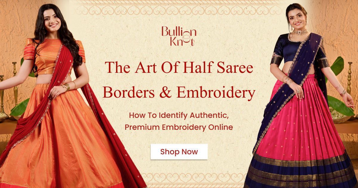 Colorful traditional half sarees with intricate embroidery and detailed borders, showcasing premium craftsmanship and authentic design.