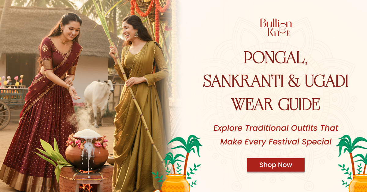 Colorful South Indian festival outfits for Pongal, Sankranti & Ugadi 2026, featuring traditional sarees and ethnic wear for celebrations.