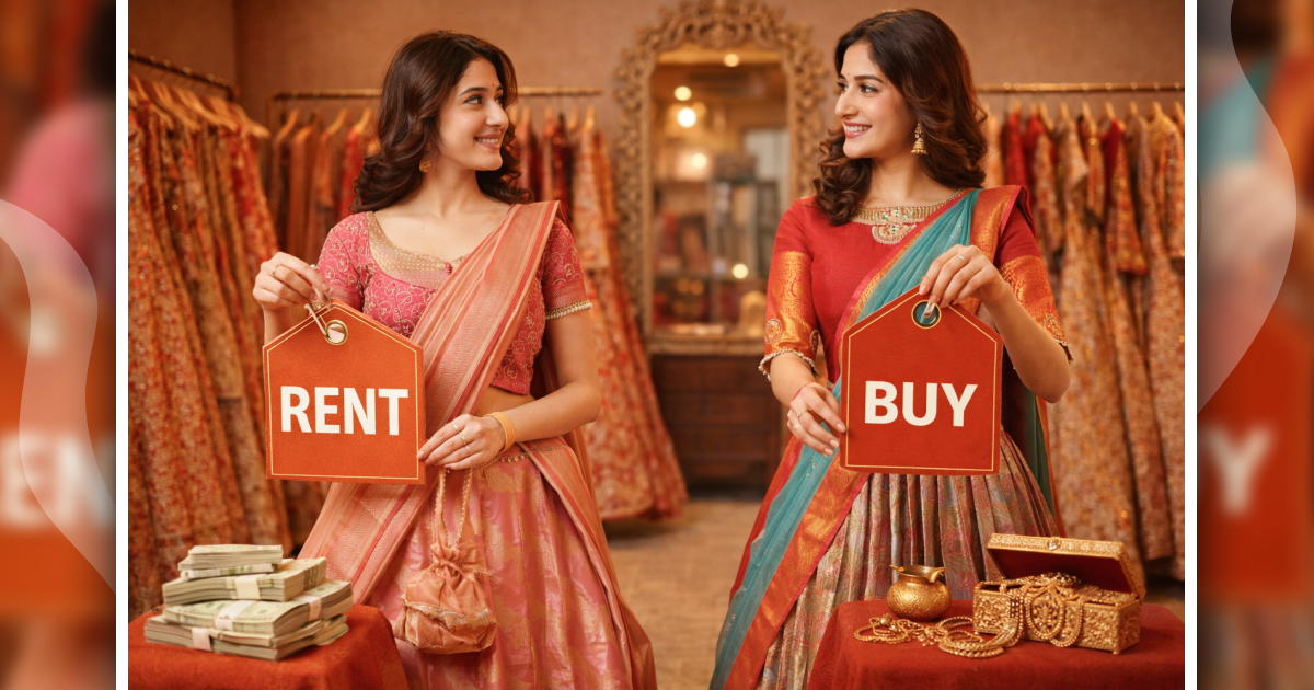 Two women in traditional Indian wedding attire holding signs that sayRENT" and "BUY" in a bridal boutique, illustrating the decision-making process for modern Indian wedding lehengas.