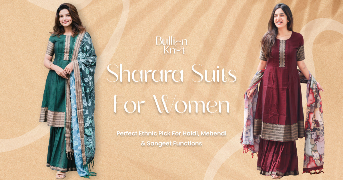 Colorful ethnic sharara suits for women, perfect for Haldi, Mehendi, and Sangeet functions, featuring traditional designs and vibrant fabrics.
