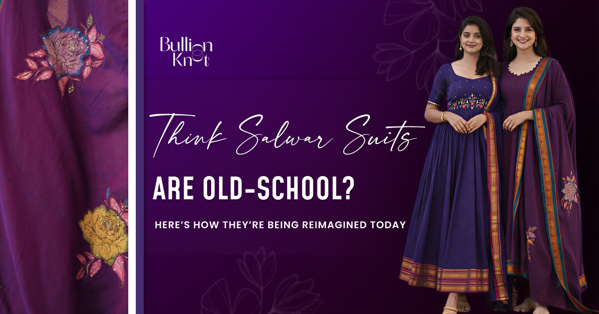 Colorful embroidered purple and yellow floral silk fabric swatch with traditional Indian motifs, highlighting reimagined modern salwar suit designs.