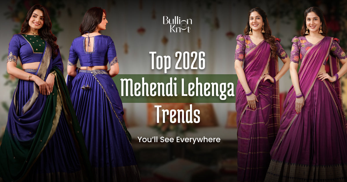 Colorful Mehendi Lehengas for bride and sister in vibrant purple and pink shades, showcasing top 2026 trends, styles, and colors for wedding celebrations.