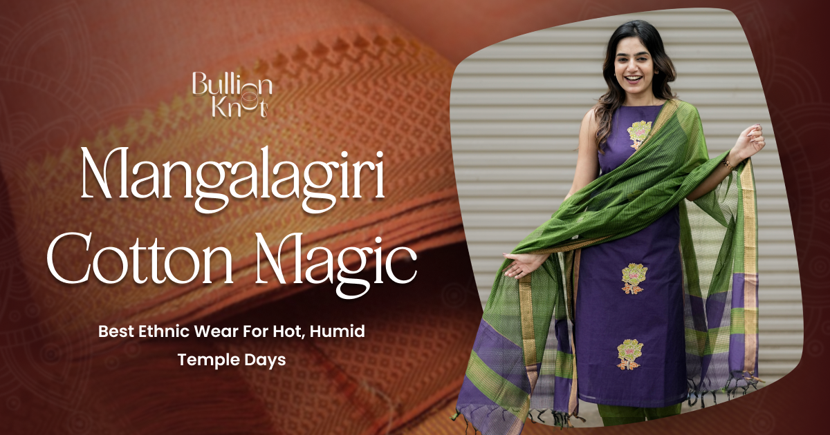 Colorful Mangalagiri cotton ethnic wear with traditional patterns, perfect for hot, humid temple days, showcasing breathable, lightweight fabric.