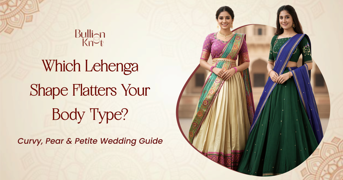 Elegant Indian bridal lehengas for curvy, pear-shaped, and petite body types, showcasing flattering styles for wedding celebrations.