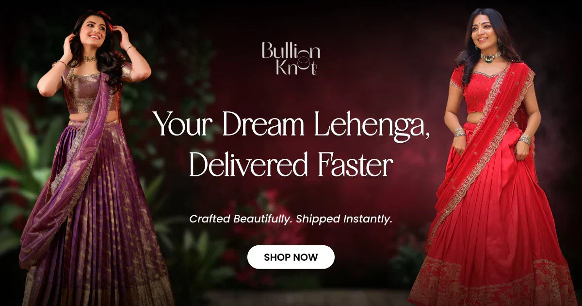 Elegant women wearing vibrant red and purple lehengas with intricate embroidery, showcasing ready-to-ship designer Indian ethnic wear for special occasions.