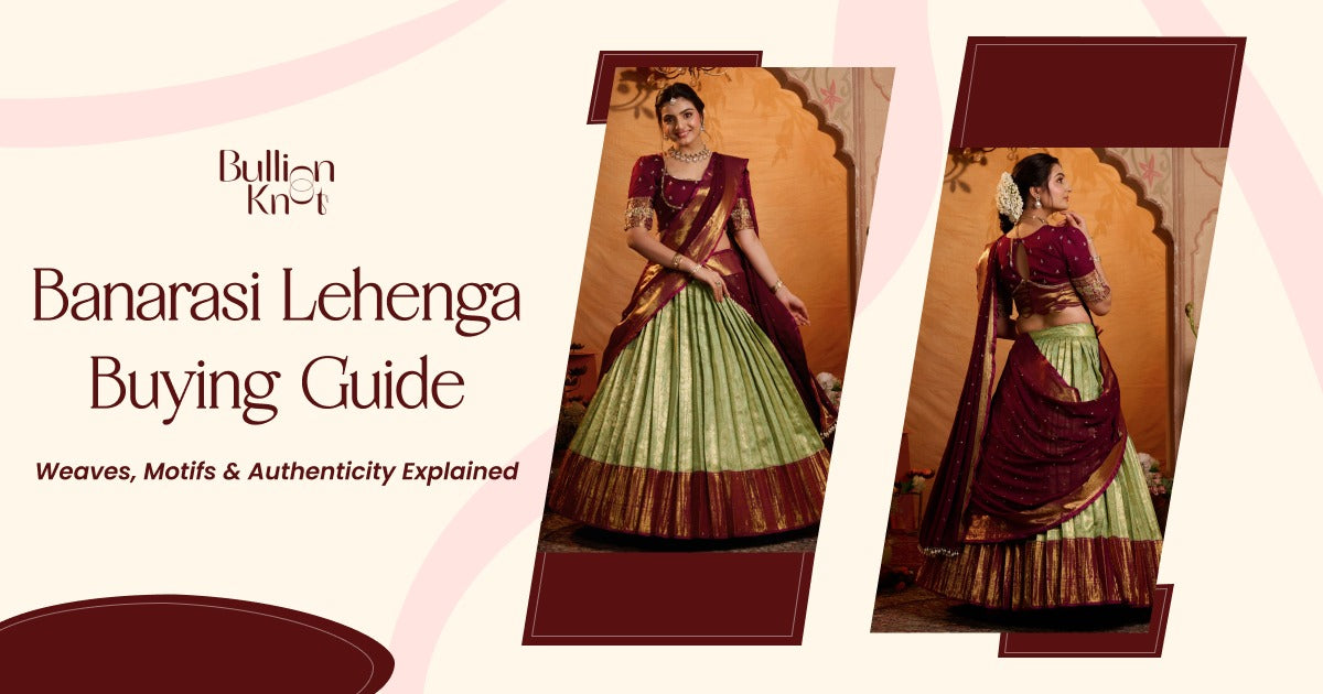 Colorful Banarasi Lehenga with intricate weaves, motifs, and traditional craftsmanship showcased in a detailed buying guide for authentic Indian bridal wear.