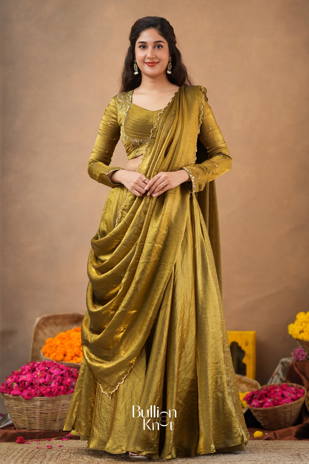 Stylista 2 In 1 Indo Western Olive in Glass Tissue