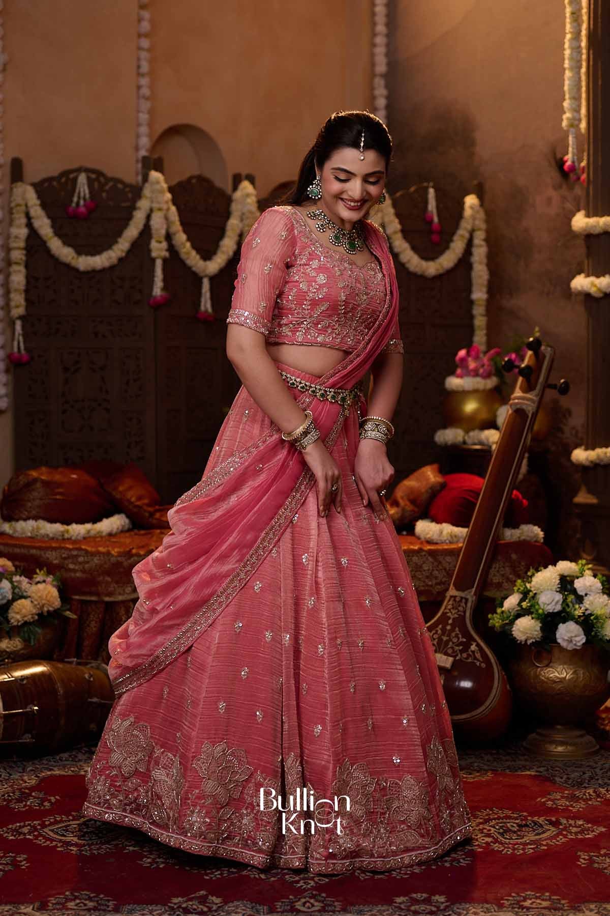 Shrija | Tissue Silk Zari Embroidered Rose Pink Pleated Lehenga Set for Weddings