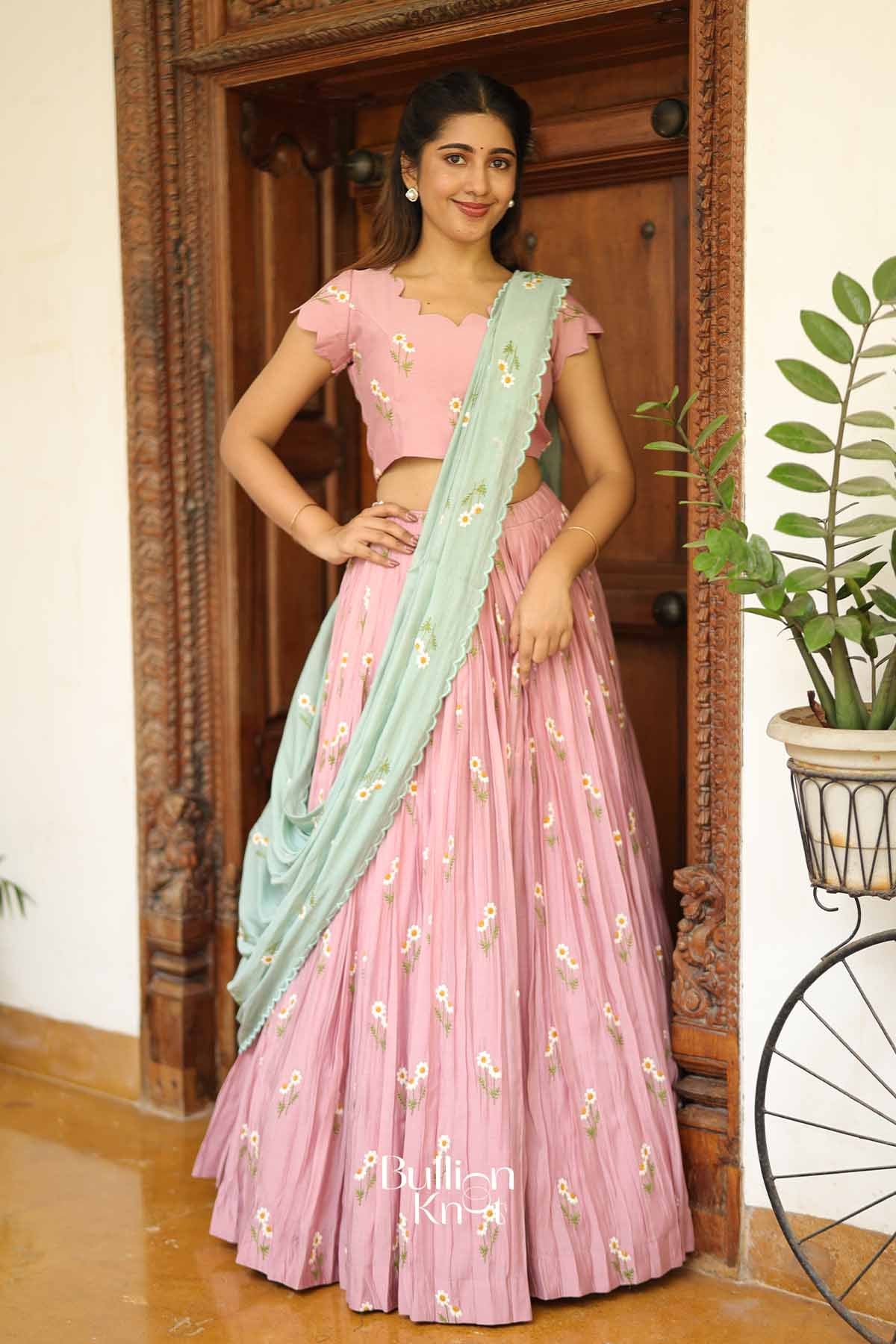 Gulabi Laher | Pure Mul Chanderi Pastel Pink Lehenga Set with Sea Green Dupatta for Traditional Pujas