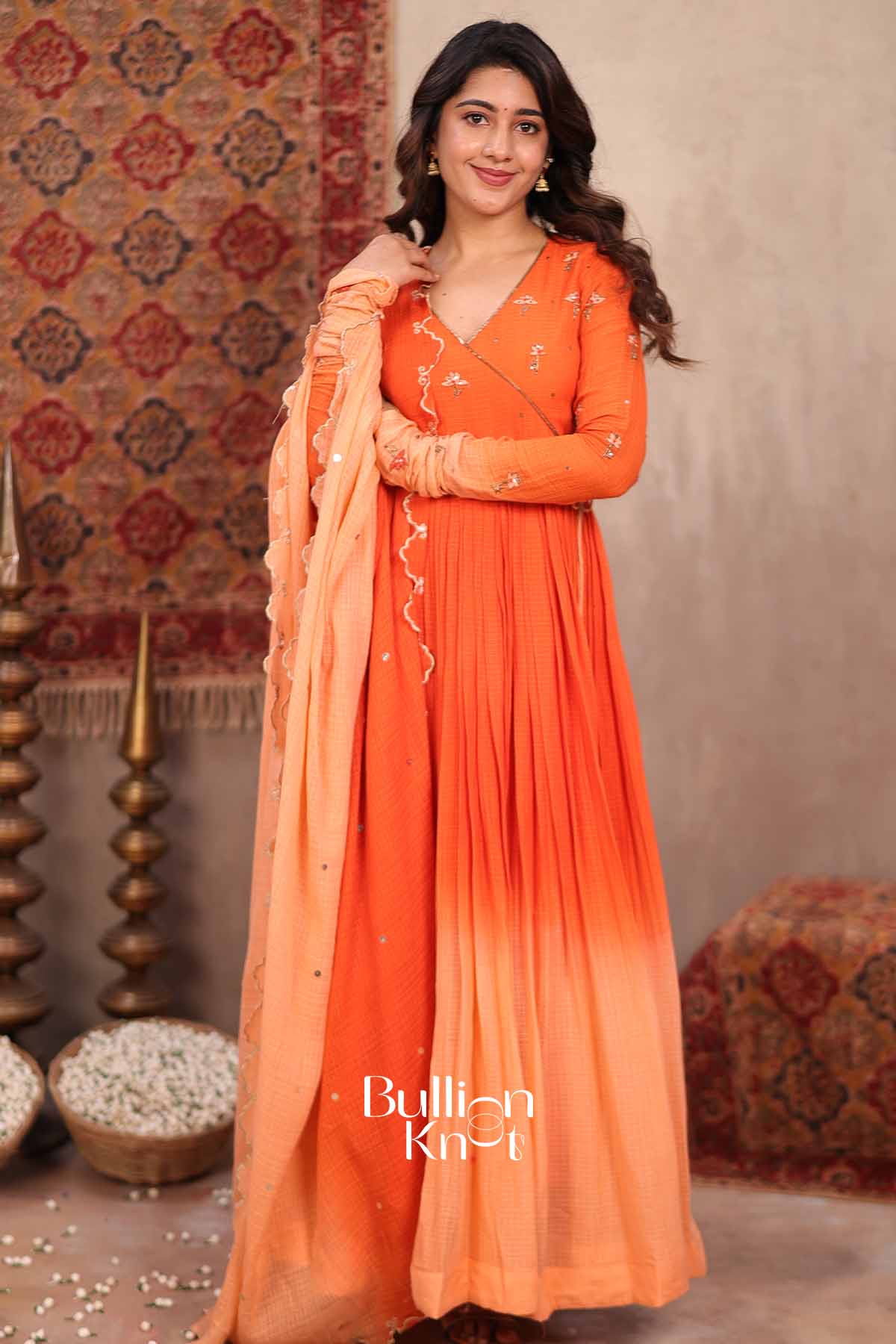 Ombre Gulzar | Orange Handloom Cotton Anarkali Set | Festive Wear for Women
