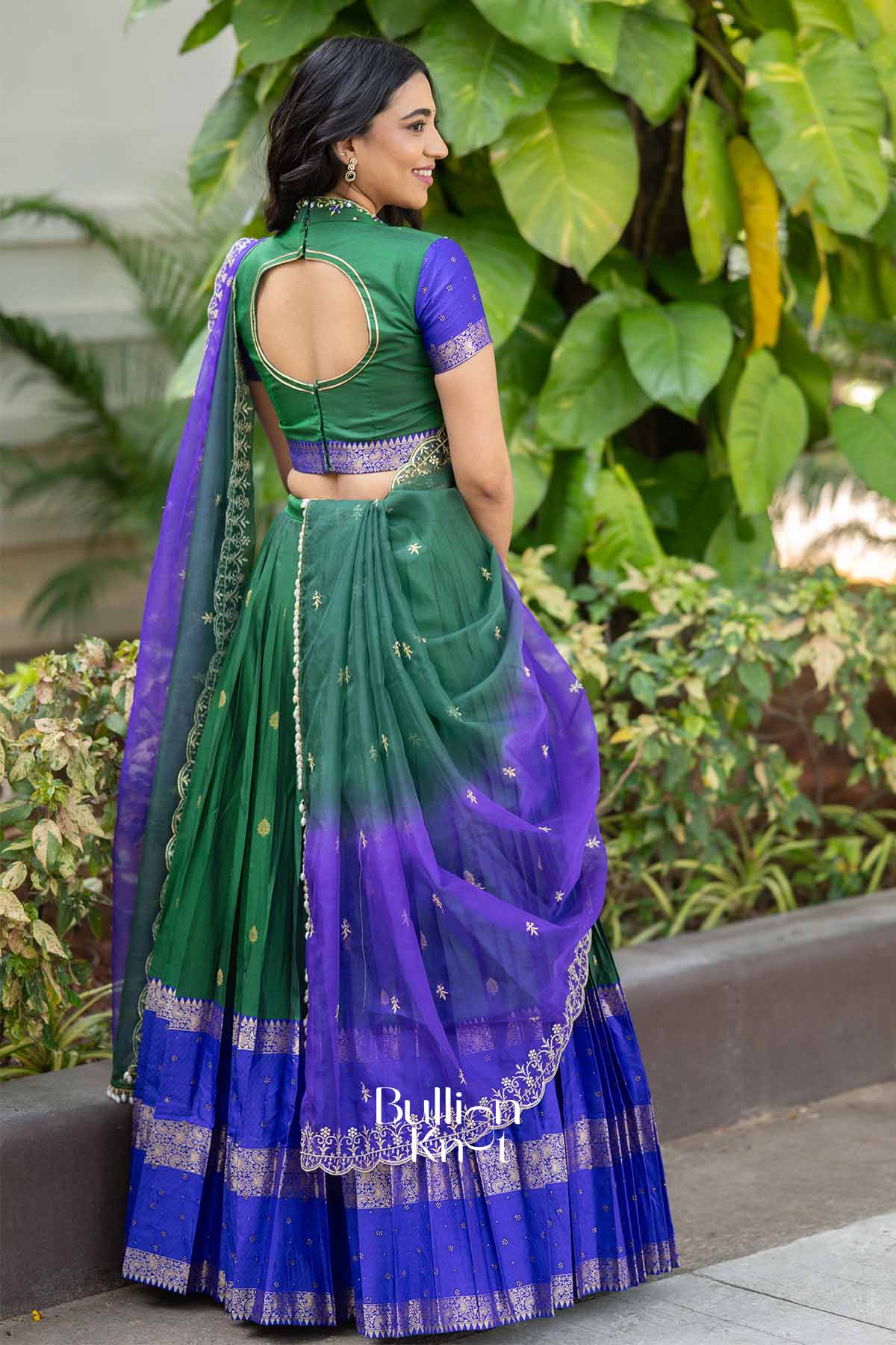 Firoza | Pure Silk Zari Weave Forest Green Half Saree Lehenga Set with Blue Dupatta